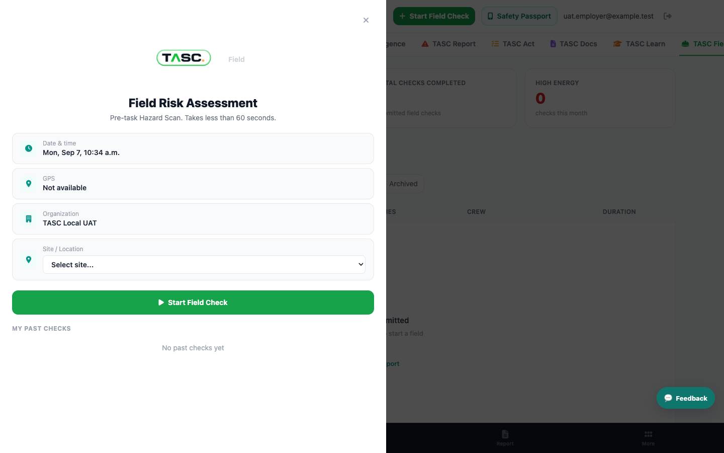 Real TASC Field screen for starting a field risk assessment