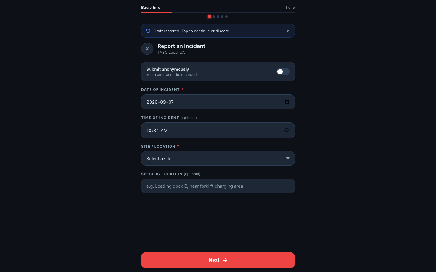 Real TASC Report incident form showing the first structured reporting step